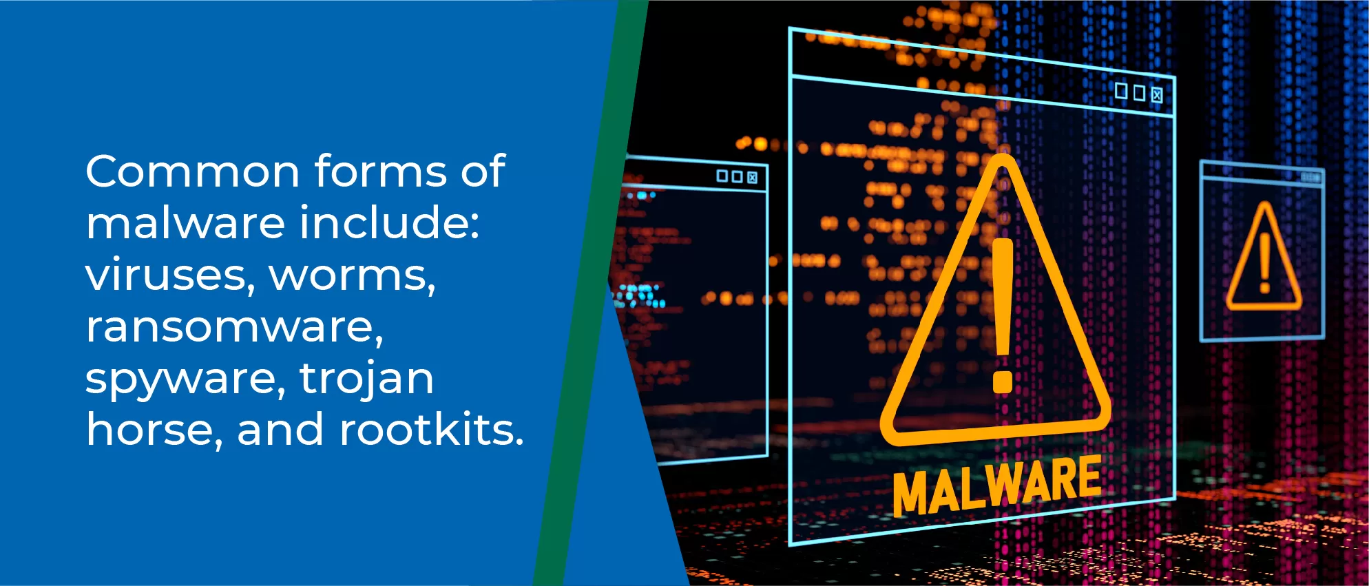 Common forms of malware include: viruses, worms, ransomware, spyware, trojan horse, and rootkits -  Screen with caution sign that says Malware